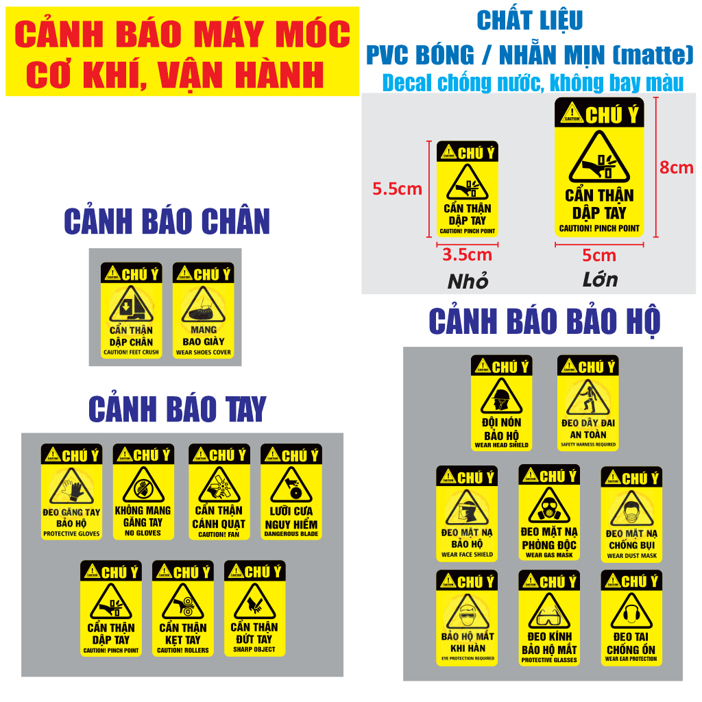 [2 Tem] Cảnh báo máy móc. Decal PVC BÓNG / MỊN Cẩn thận kẹt tay dập chân An toàn cơ khí, nhà xưởng. Chống nước nhiều mẫu