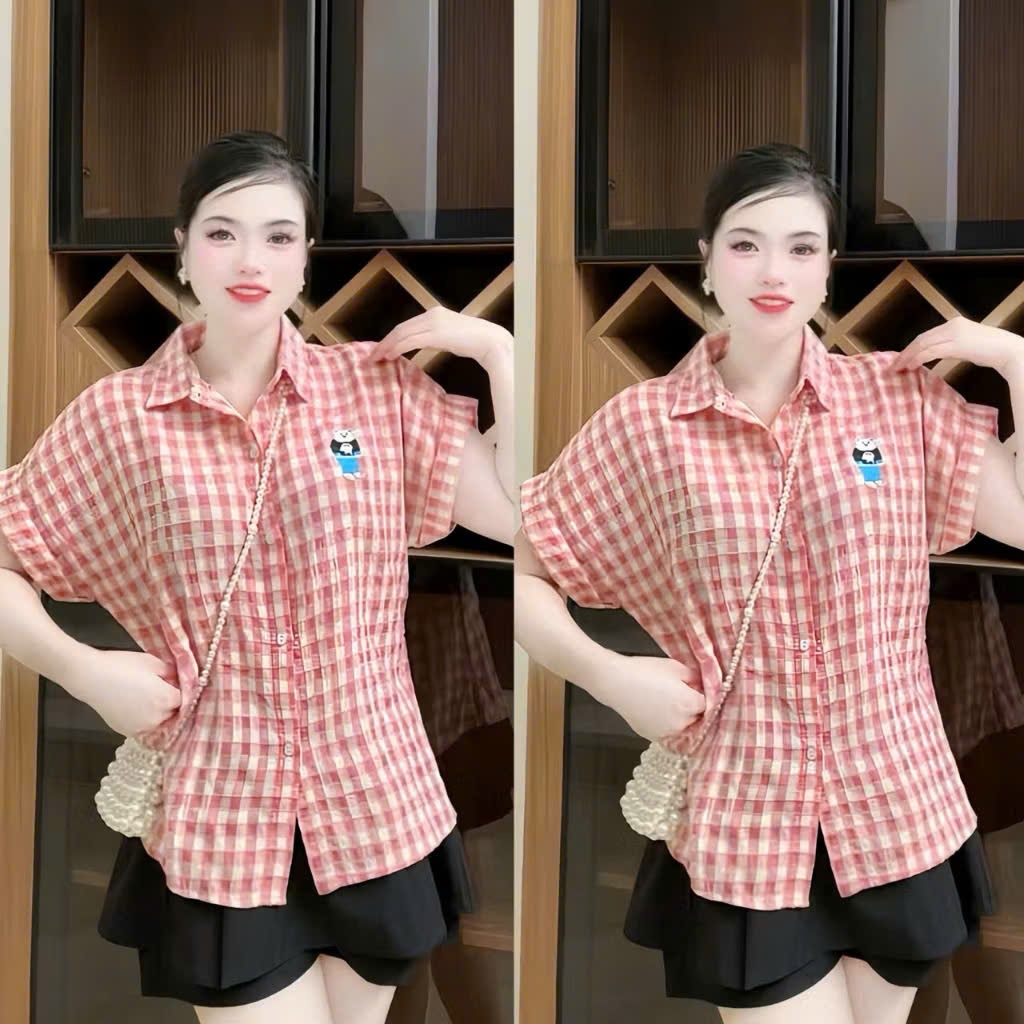 Áo Sơ Mi Nữ Caro Ngắn Tay Thêu Hình Gấu Dễ Thương Phù Hợp Đi Chơi, Đi Làm - Bs077 | Emxinhbigsize