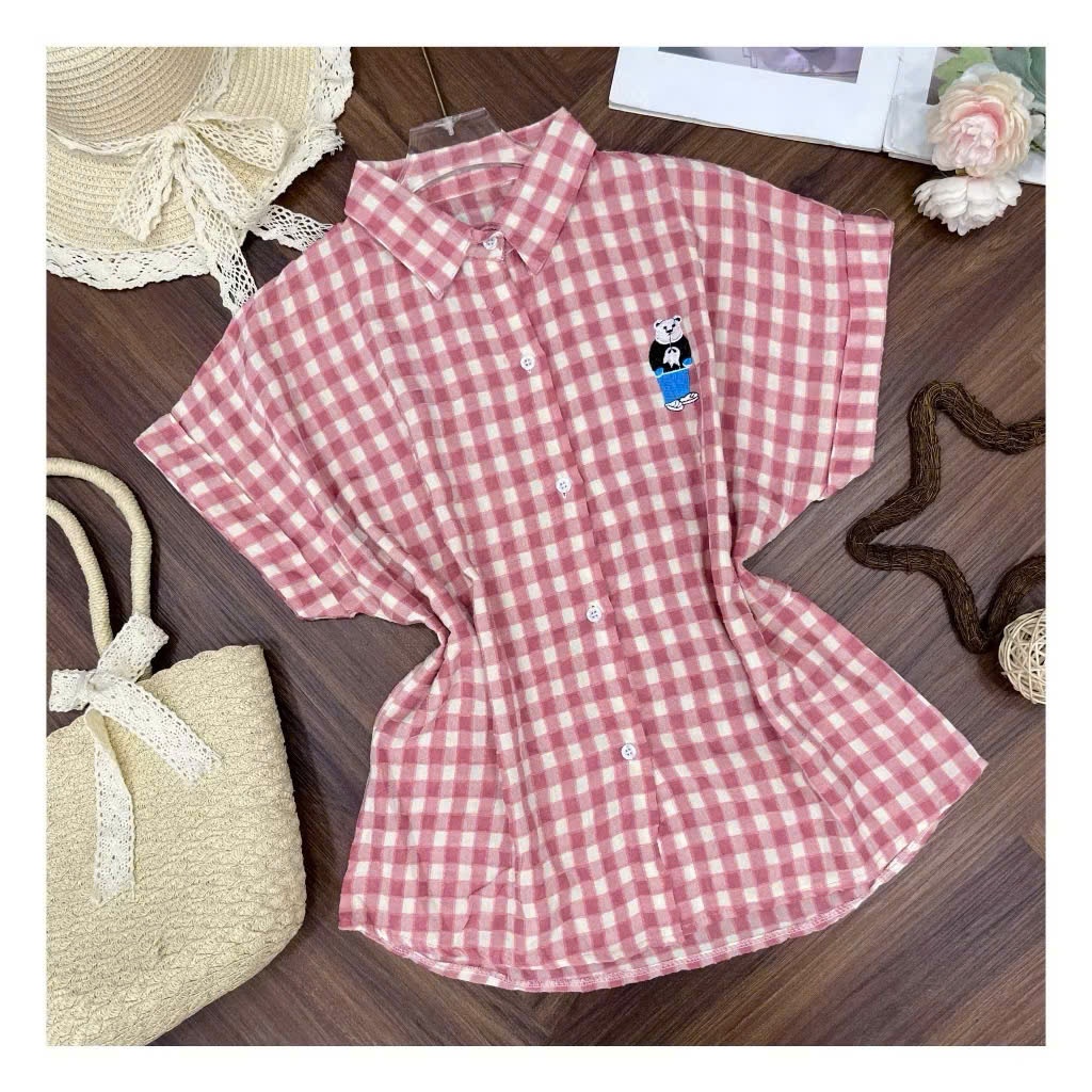Áo Sơ Mi Nữ Caro Ngắn Tay Thêu Hình Gấu Dễ Thương Phù Hợp Đi Chơi, Đi Làm - Bs077 | Emxinhbigsize