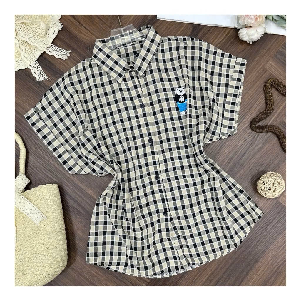 Áo Sơ Mi Nữ Caro Ngắn Tay Thêu Hình Gấu Dễ Thương Phù Hợp Đi Chơi, Đi Làm - Bs077 | Emxinhbigsize