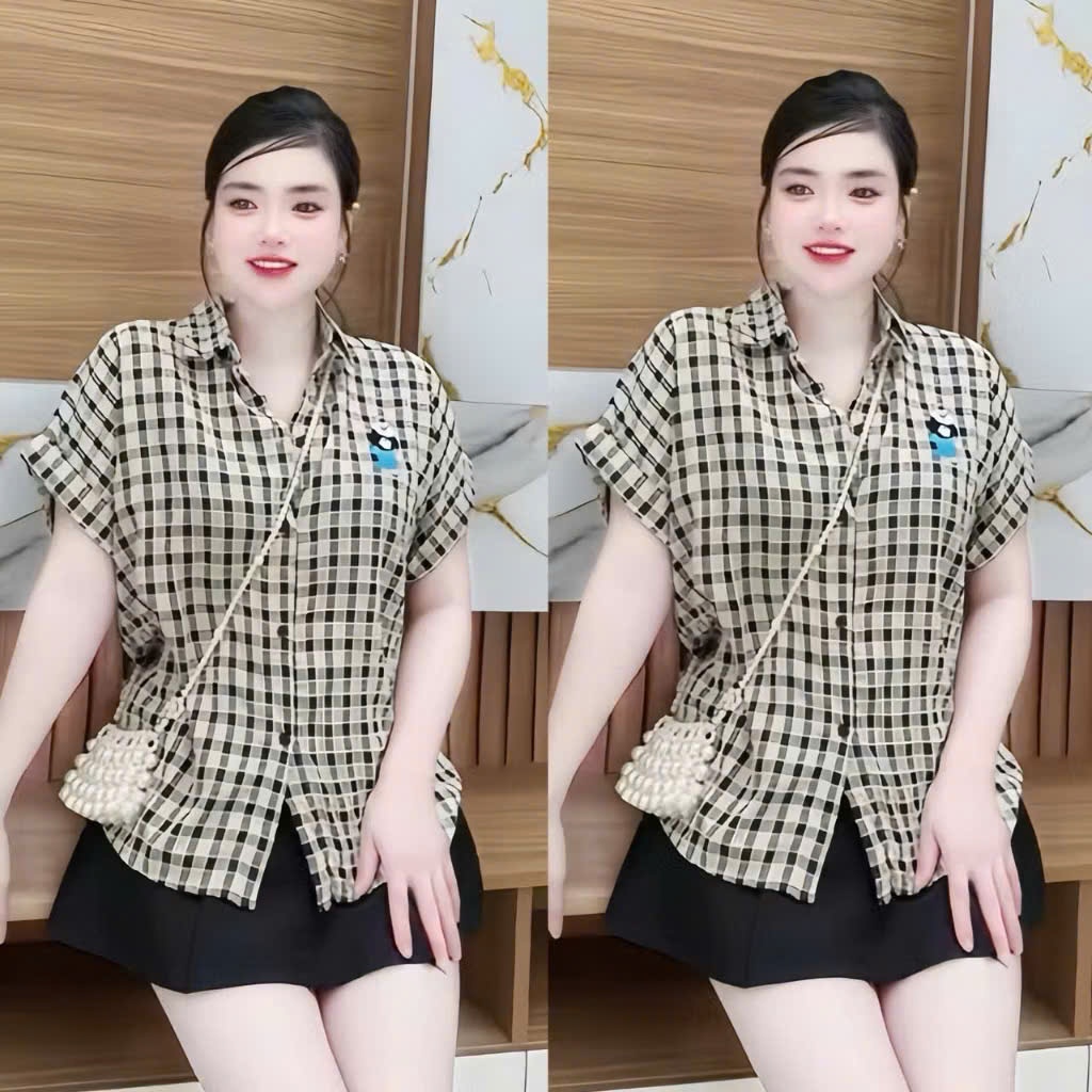 Áo Sơ Mi Nữ Caro Ngắn Tay Thêu Hình Gấu Dễ Thương Phù Hợp Đi Chơi, Đi Làm - Bs077 | Emxinhbigsize