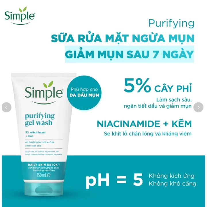Sữa Rửa Mặt Kiềm Dầu Hỗ Trợ Giảm Mụn Simple Purifying Gel Wash 150ml – 2