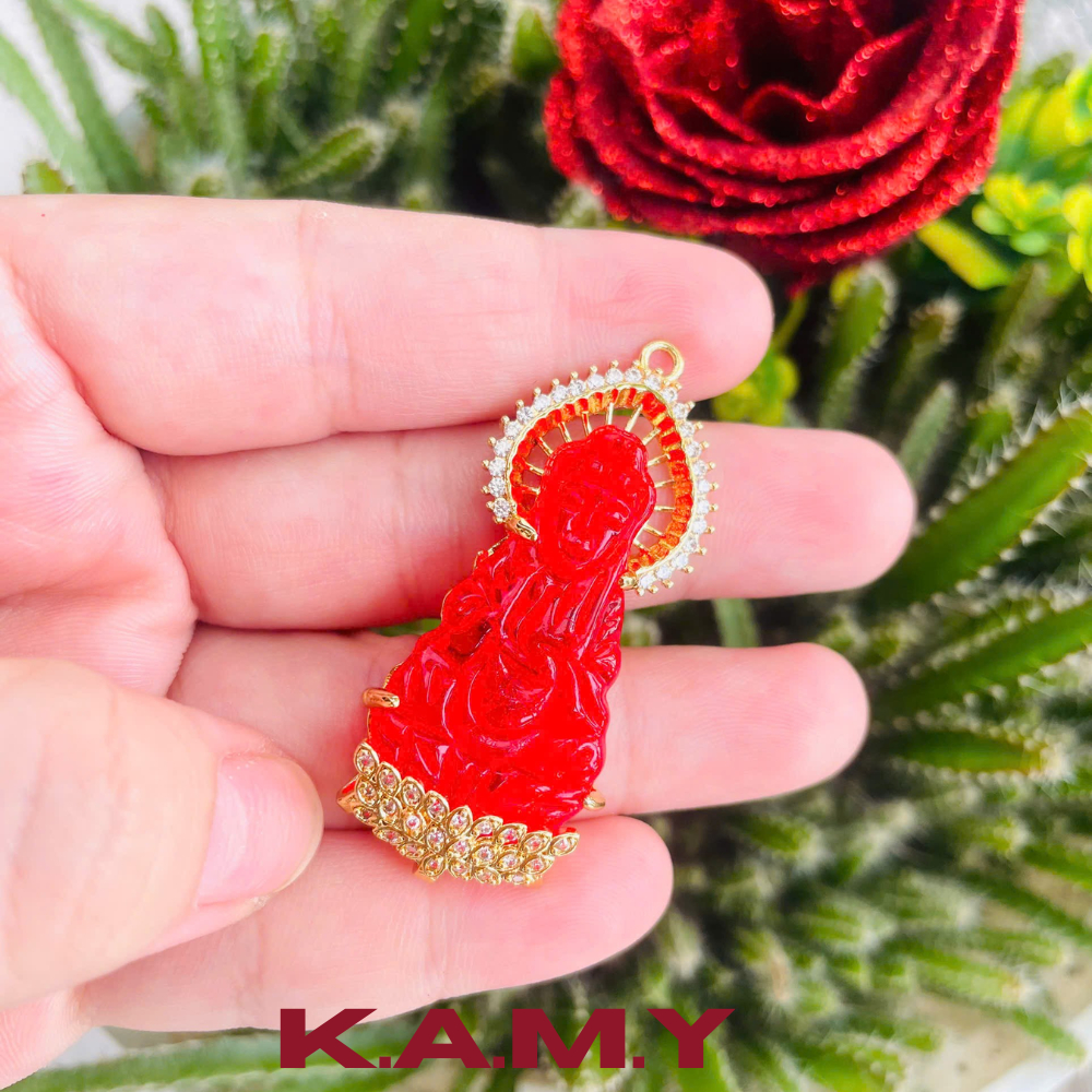 Mặt Dây Chuyền Quan Âm Đỏ May Mắn Đính Đá Sang Trọng – Charm Phật Bà Quan Âm Mạ Vàng Cao Cấp