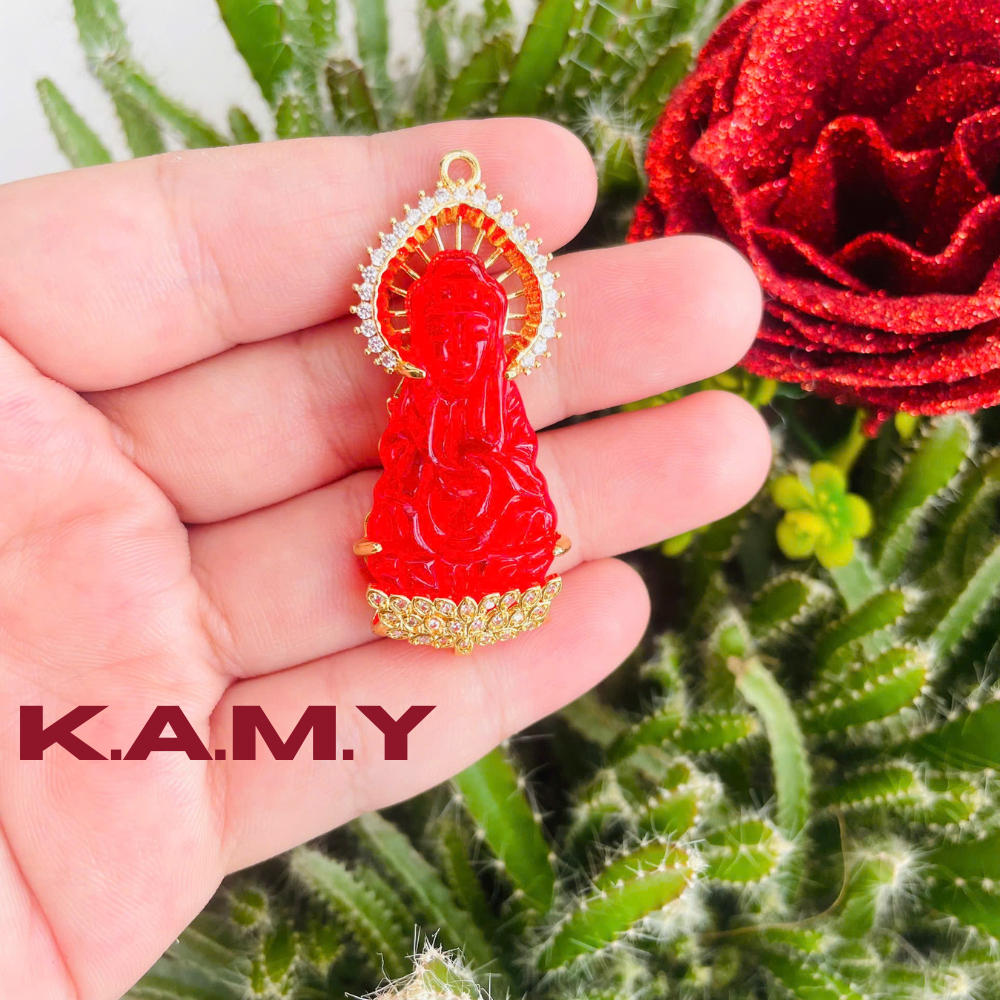 Mặt Dây Chuyền Quan Âm Đỏ May Mắn Đính Đá Sang Trọng – Charm Phật Bà Quan Âm Mạ Vàng Cao Cấp