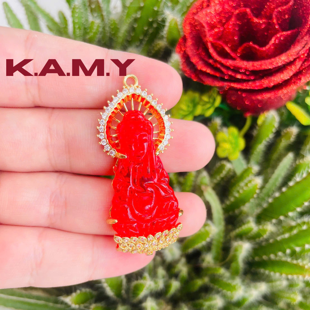 Mặt Dây Chuyền Quan Âm Đỏ May Mắn Đính Đá Sang Trọng – Charm Phật Bà Quan Âm Mạ Vàng Cao Cấp