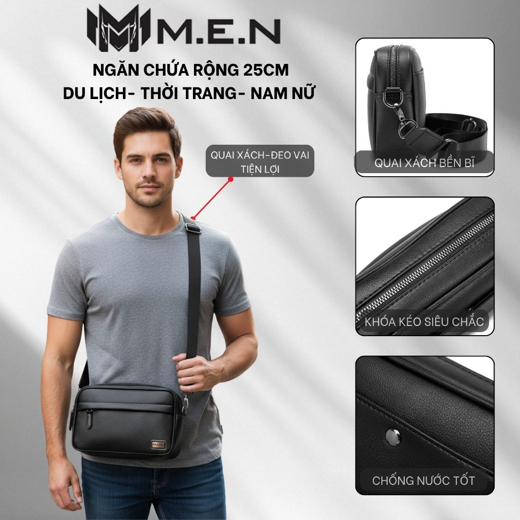 Túi đeo chéo da phong cách tinh tế gọn nhẹ đen ngang 6is MenR7 2 mặt- Caxix [HÀNG CHÍNH HÃNG]