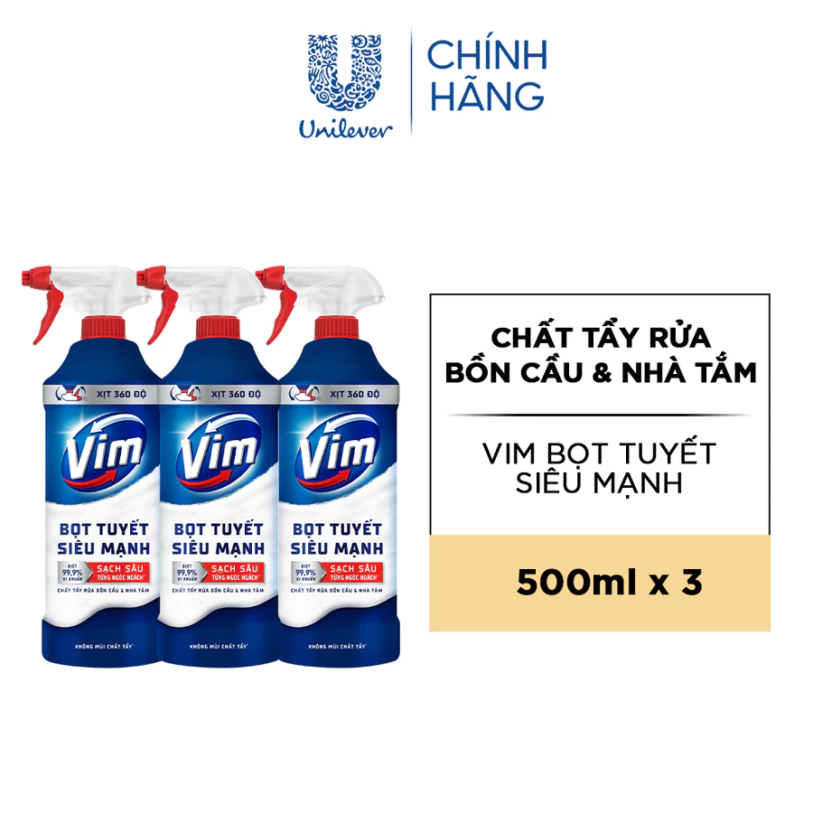 Combo 3 Chai Bọt Tuyết Siêu Mạnh Tẩy Bồn Cầu và Nhà Vệ Sinh Vim | Diệt 99,9% Vi Khuẩn (500ml)