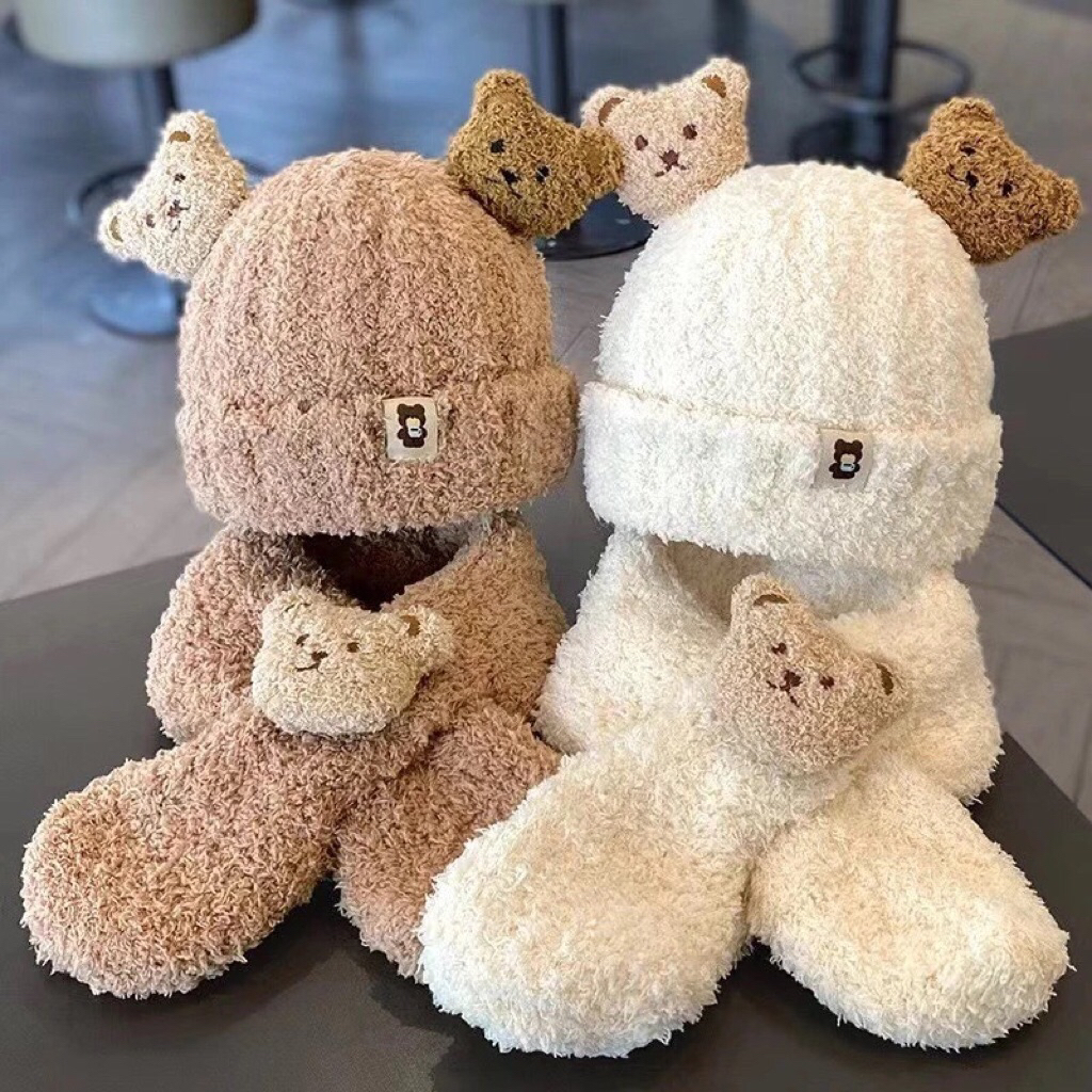 Mũ Hình Gấu Kèm khăn cho bé từ 6 tháng đến 3 tuổi