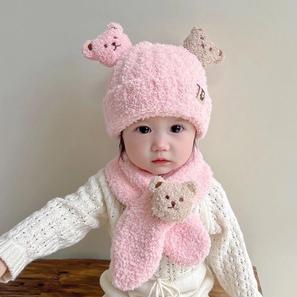 Mũ Hình Gấu Kèm khăn cho bé từ 6 tháng đến 3 tuổi