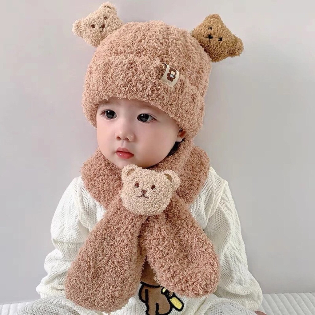 Mũ Hình Gấu Kèm khăn cho bé từ 6 tháng đến 3 tuổi