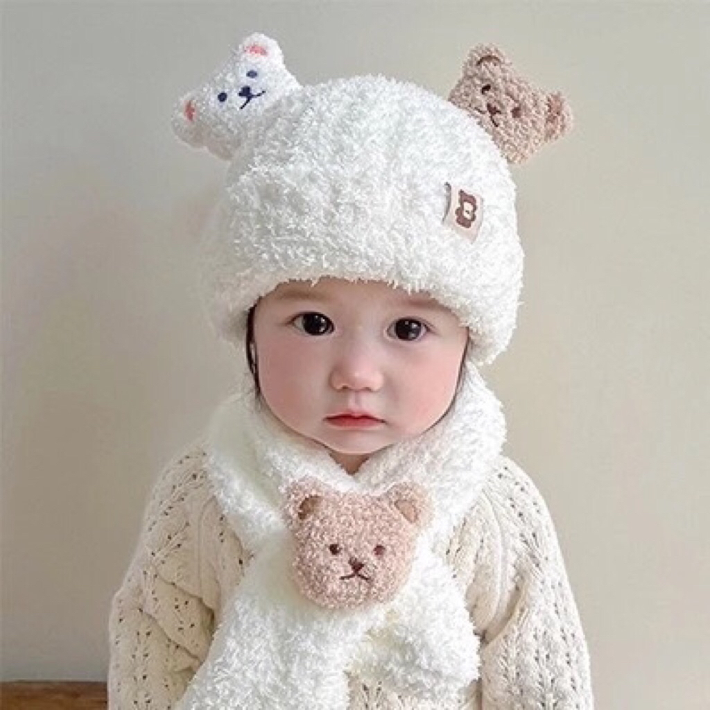 Mũ Hình Gấu Kèm khăn cho bé từ 6 tháng đến 3 tuổi
