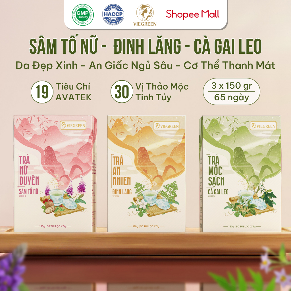 Combo 3 Trà Túi Lọc VIEGREEN Sâm Tố Nữ + Đinh Lăng + Cà Gai Leo, Không Đường, GMP HACCP
