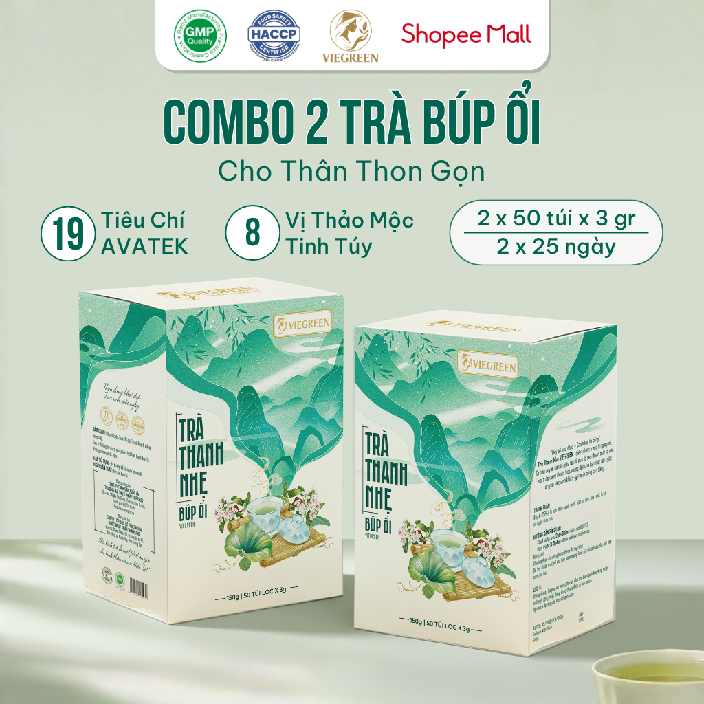 Combo 2 Hộp Trà Túi Lọc Búp Ổi 25% VIEGREEN Thanh Nhẹ 50 Túi x 3g, Lá Sả, Không Đường, GMP HACCP