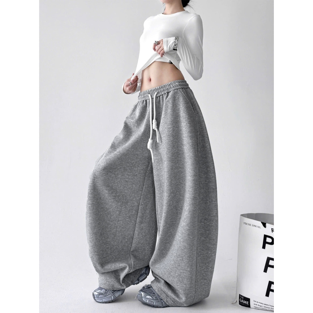 Quần nỉ ống rộng PEAR.CLUB, quần ống siêu rộng phối dây BIGSIZE mặc mùa hè đi biển nhảy dance, cá tính ghi xám Q128 | BigBuy360 - bigbuy360.vn