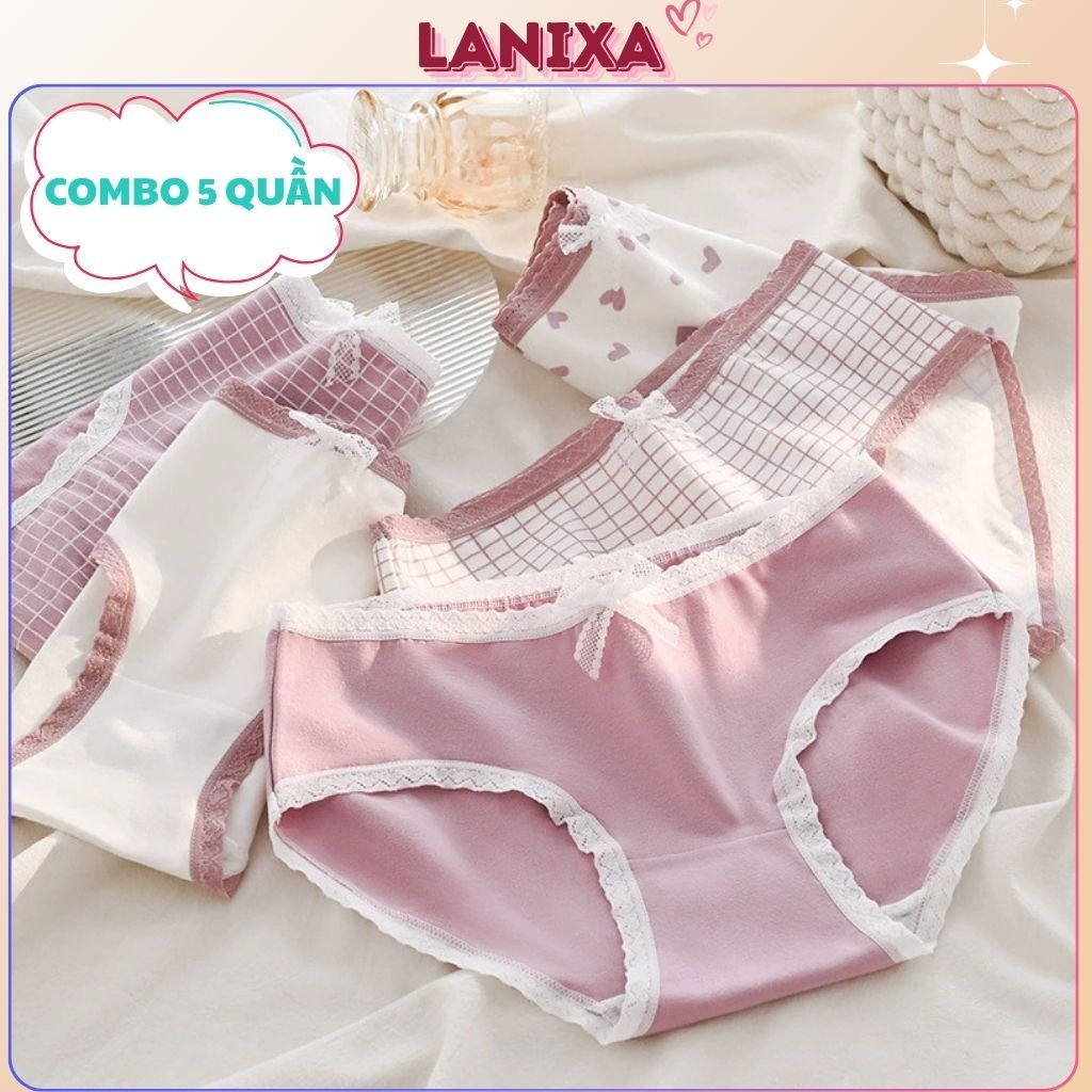 COMBO 5 Quần lót nữ cotton dày dặn co giãn tốt họa tiết in trái tim dễ thương xinh xắn LANIXA L110