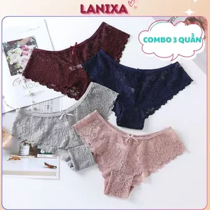 COMBO 3 Quần lót ren xuyên thấu sang trọng đáy lót 2 lớp kháng khuẩn đính nơ quyến rũ LANIXA L6824