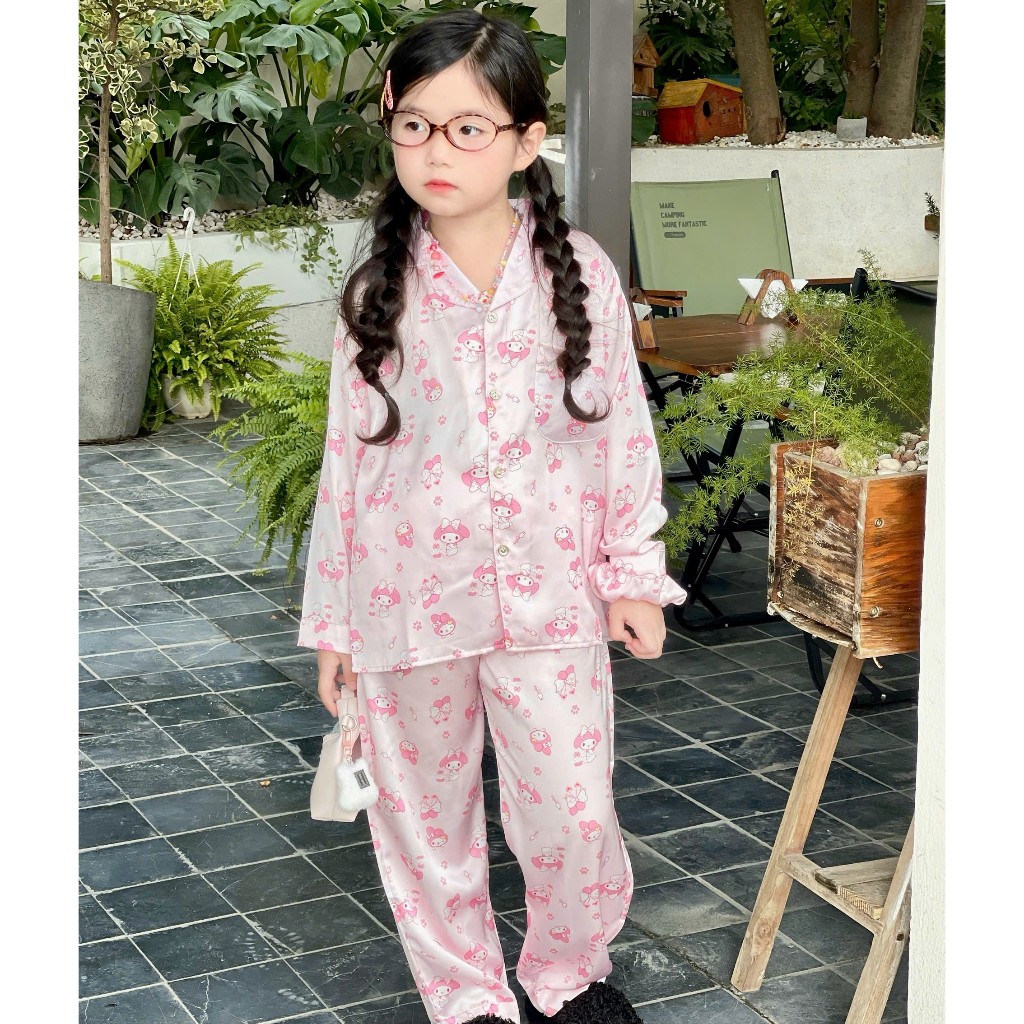 VOI KIDS đồ bộ bé gái chất lụa cao cấp ,mềm mịn mát . Họa tiết cute THỎ HỒNG MELODY.(20 - 35 ,1m15 - 1m40 )