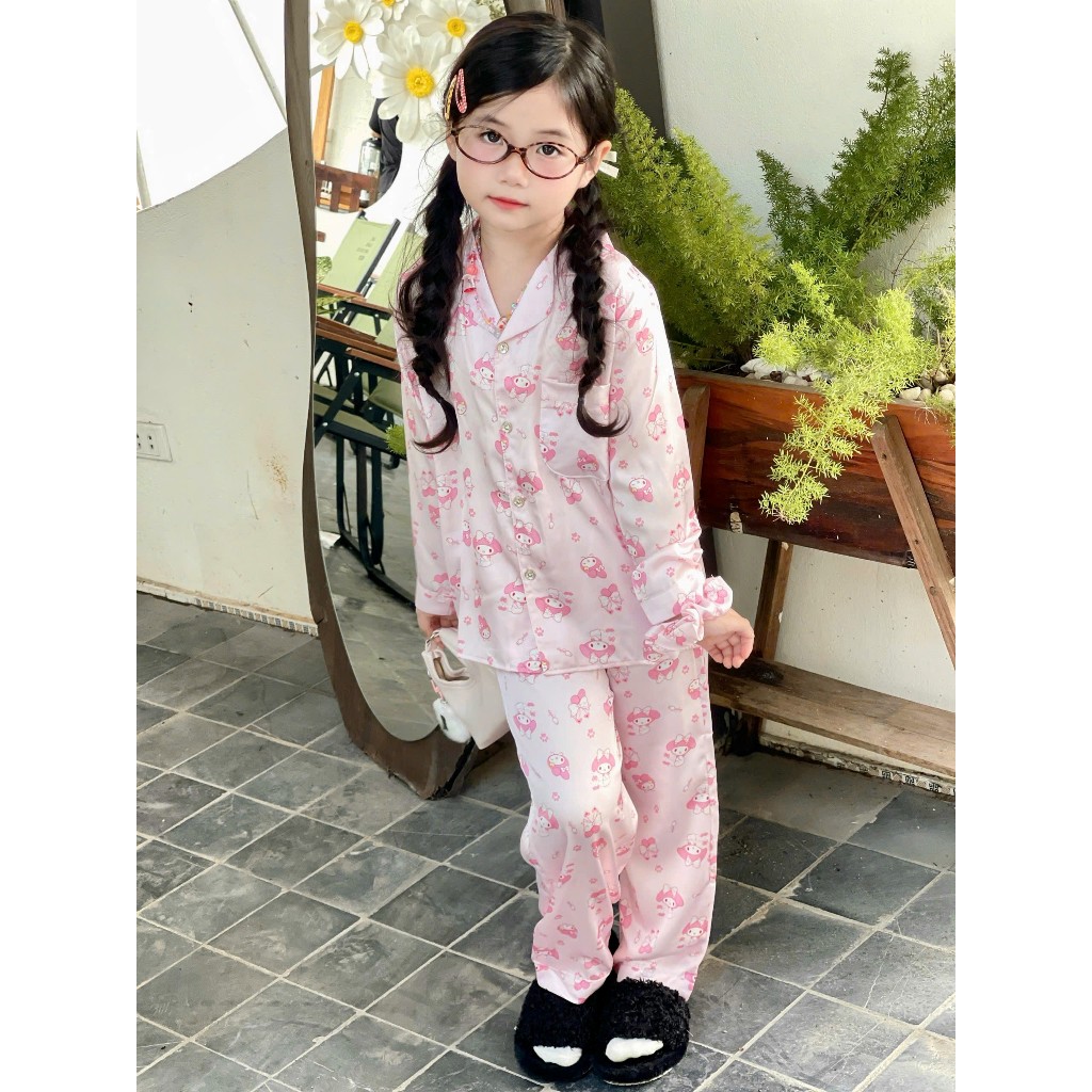 VOI KIDS đồ bộ bé gái chất lụa cao cấp ,mềm mịn mát . Họa tiết cute THỎ HỒNG MELODY.(20 - 35 ,1m15 - 1m40 )