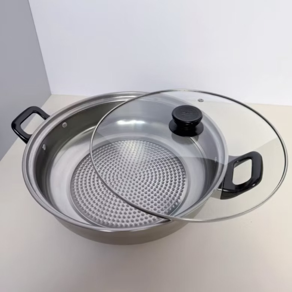 Giảm 60%Nồi Lẩu Inox Nắp Kính 28cm,30cm Thiết Kế Đáy Sần Chống Cháy Quai Cầm Bọc Nhựa Chống Nóng Dùng Cho Mọi Loại Bếp