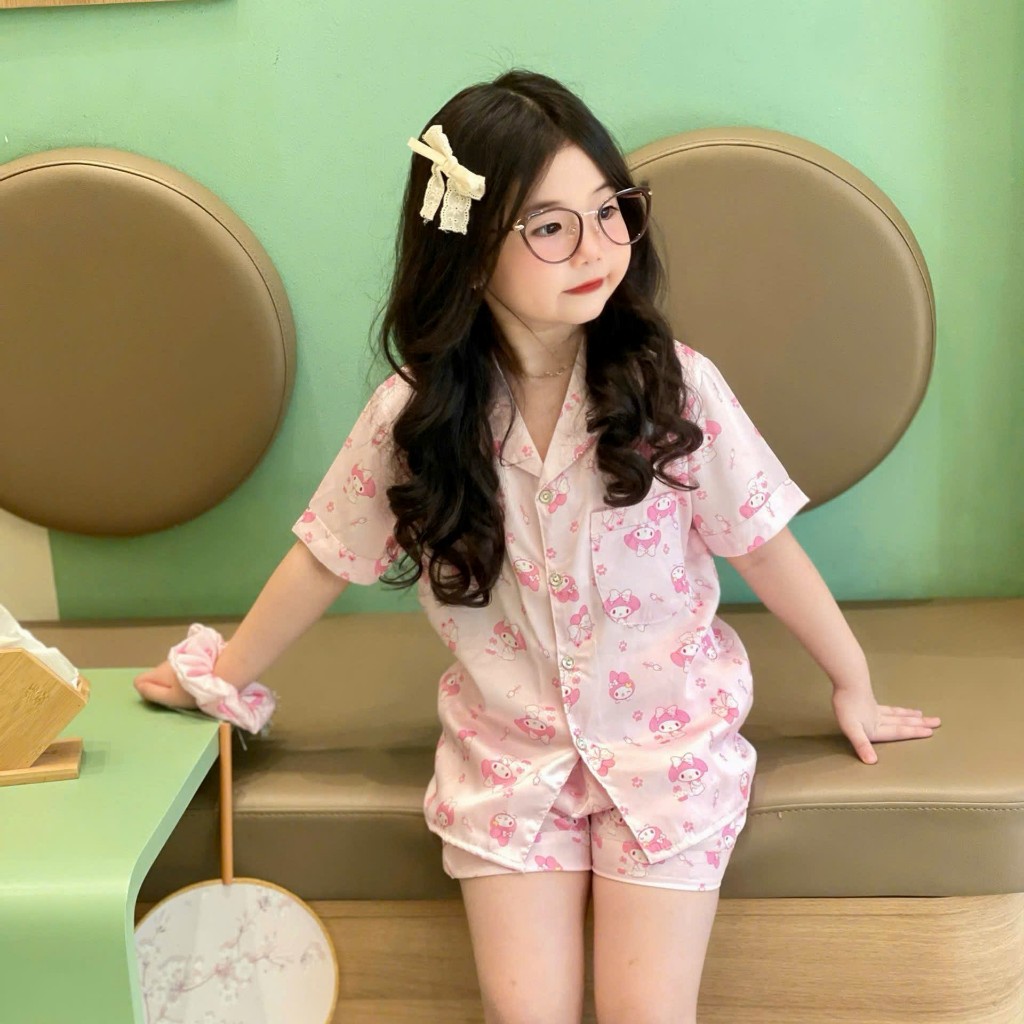 VOI KIDS đồ bộ bé gái chất lụa cao cấp ,mềm mịn mát . Họa tiết cute THỎ HỒNG MELODY.(20 - 35 ,1m15 - 1m40 )
