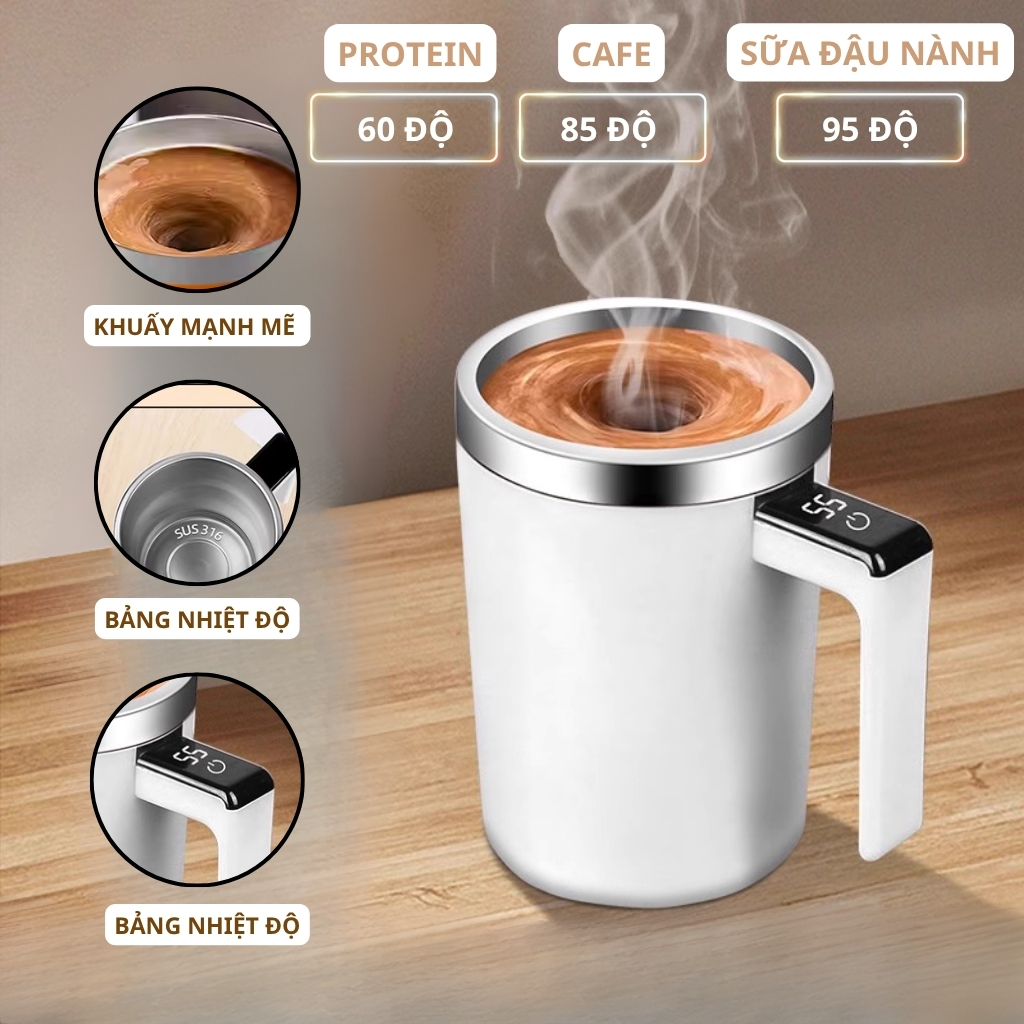 Cốc Tự Khuấy 400ML Inox 304 Ly Giữ Nhiệt Thông Minh Có Cảm Biến Hiển Thị Nhiệt Độ, Chống Tràn, Sạc Type C, Giữ Nhiệt Lâu