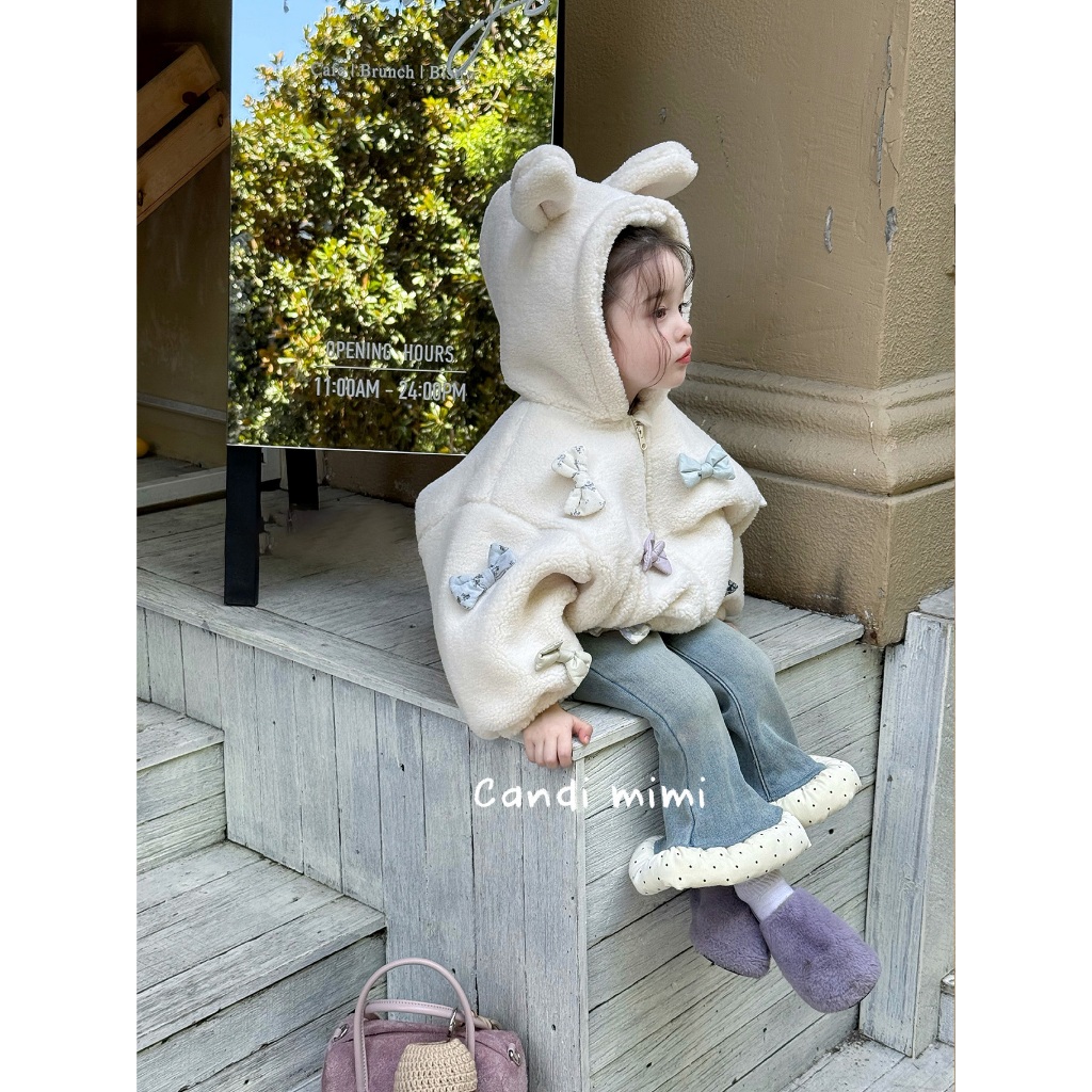 CANDI MIMI Áo Khoác Mũ Tai Thỏ Đính Nơ Cao Cấp NL5341