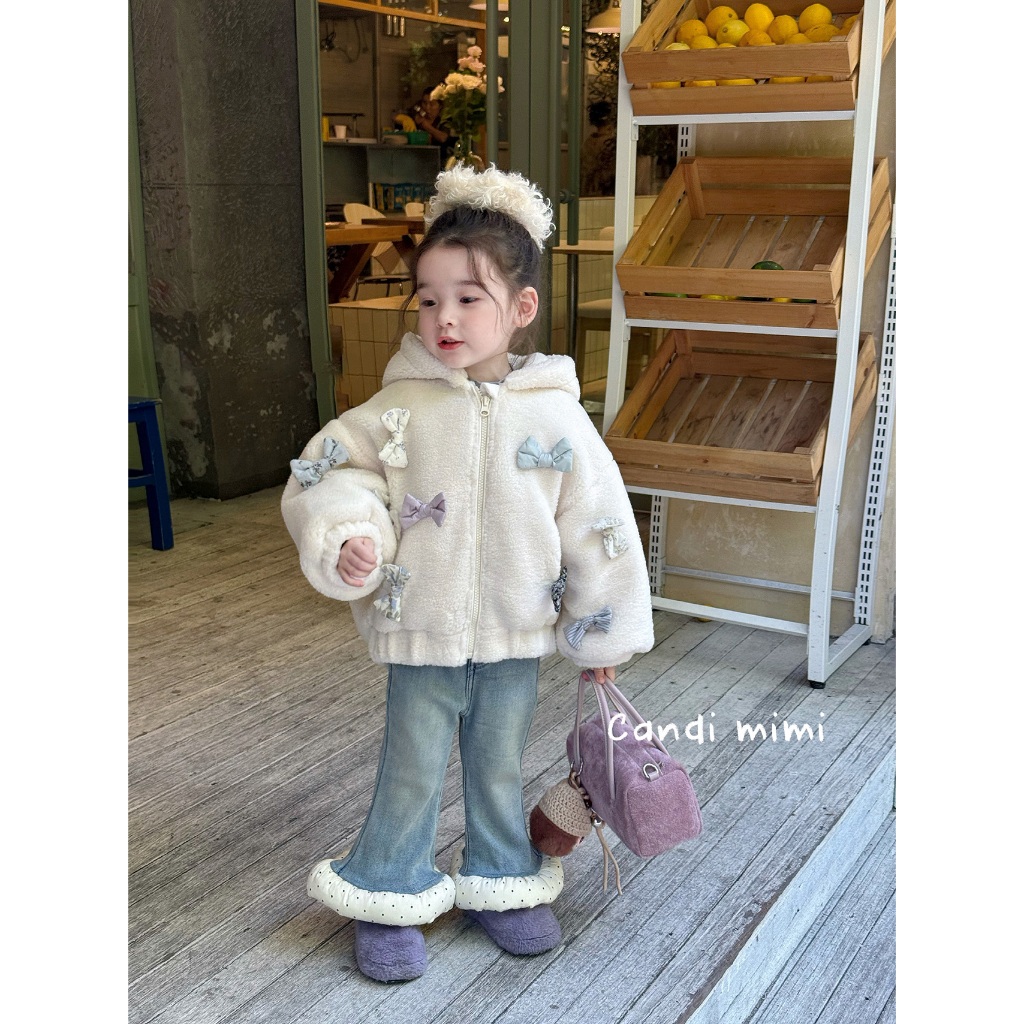 CANDI MIMI Áo Khoác Mũ Tai Thỏ Đính Nơ Cao Cấp NL5341