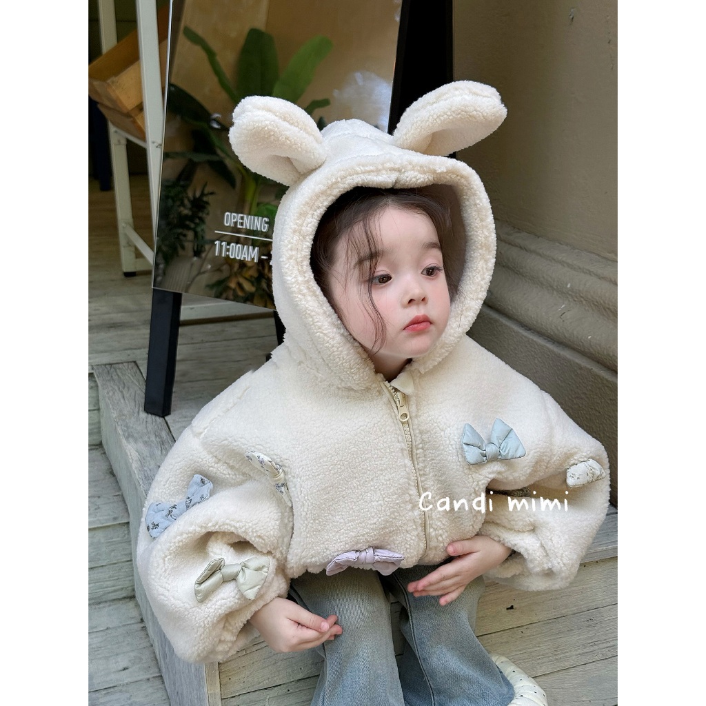 CANDI MIMI Áo Khoác Mũ Tai Thỏ Đính Nơ Cao Cấp NL5341