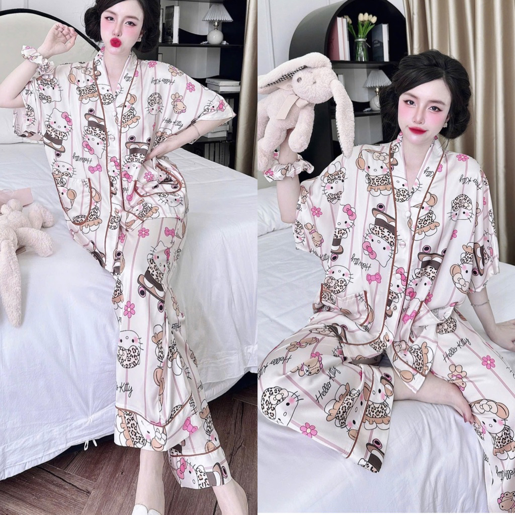 (42-68kg) Bộ pijama mặc nhà cho nữ, cổ V tay dơi quần dài lụa mịn mát, hình dễ thương Women Áo Ngủ