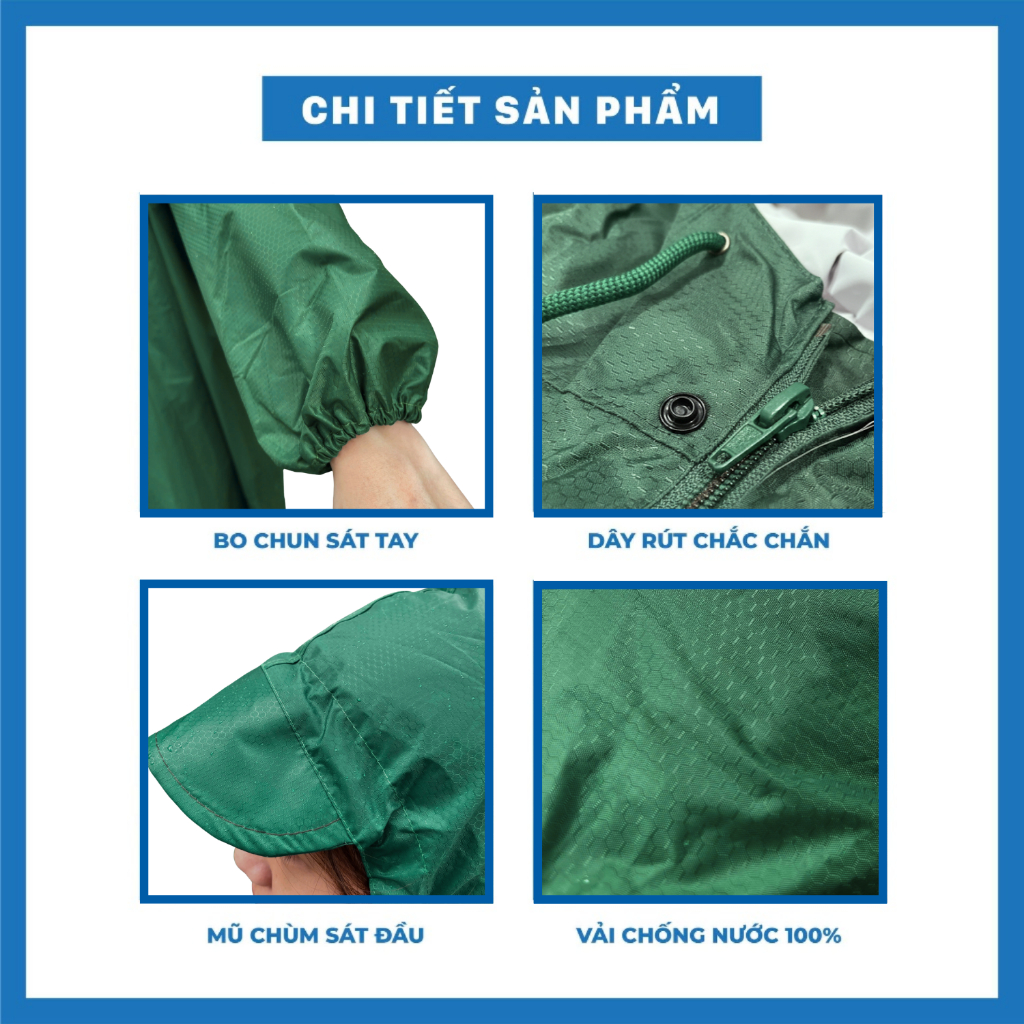 Áo Mưa Khóa Kéo Măng Tô Một Ngày Mưa (Vải Tổ Ong Loại Cao cấp) Cỡ Đại - Chắn Gió Toàn Thân, Siêu Nhẹ