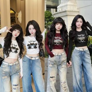Áo thun croptop tay dài phong cách bad girl in hình chó đen đỏ trắng vàng VANISA HP CHOBAD