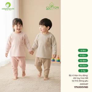 AMI0487 - Bộ thu đông nỉ Hàn tai thỏ cho bé gái Anminaza cotton organic dày dặn, mềm ấm