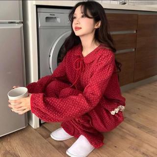 Bộ ngủ hoa nhí đỏ dài tay qc