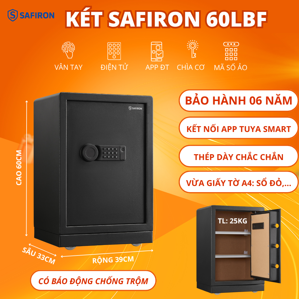[BH 6 Năm] Két Sắt Thông Minh Safiron 60LBF Kết Nối APP Điện Thoại