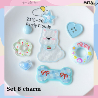 Bộ 8 Sticker, Charm 3D chủ đề Cún phao xanh nhựa cứng gắn Dép Sục, Cá Sấu Mita JB-378