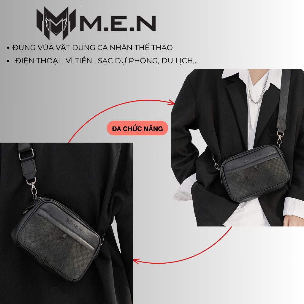 {CAO CẤP} Túi đeo chéo Nam nữ đen ngang M.E.N caro nỗi bật DE2 {DEAL SỐC}