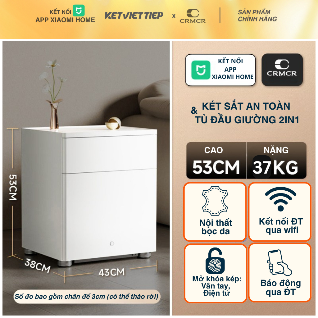 Két sắt Xiaomi CRMCR 50YN tủ đầu giường thông minh 2 tầng 3 ngăn khóa vân tay điện tử kết nối APP điện thoại
