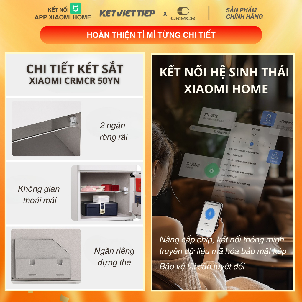 Két sắt Xiaomi CRMCR 50YN tủ đầu giường thông minh 2 tầng 3 ngăn khóa vân tay điện tử kết nối APP điện thoại