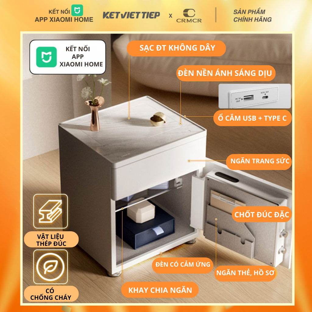 Két sắt Xiaomi CRMCR 50YN tủ đầu giường thông minh 2 tầng 3 ngăn khóa vân tay điện tử kết nối APP điện thoại