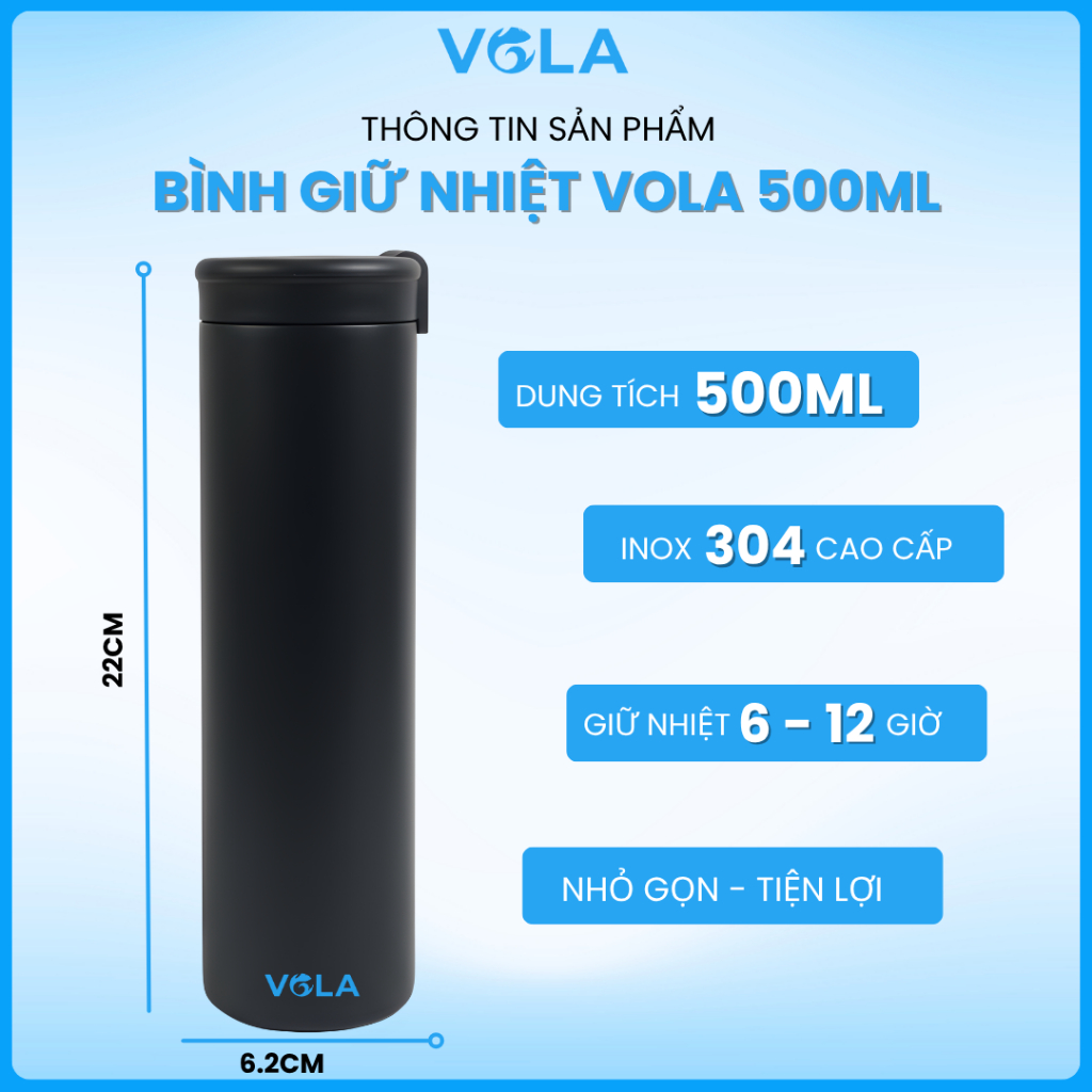 Bình giữ nhiệt VOLA inox 304 cao cấp, Bình giữ nhiệt thiết kế trơn, màu sắc tối giản sang trọng