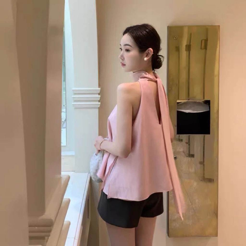 𝗥𝗼𝘀𝗲  A05 - | BEELY| Áo Linen Tưng vân gỗ cổ yếm thắt nơ