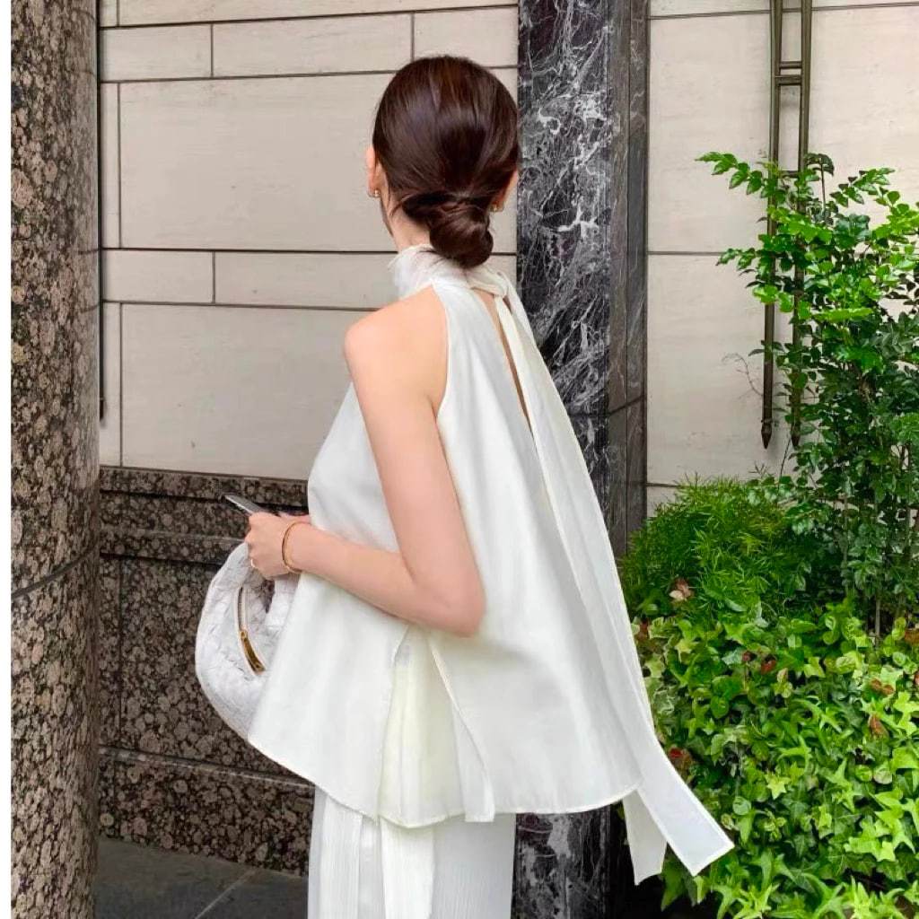 𝗥𝗼𝘀𝗲  A05 - | BEELY| Áo Linen Tưng vân gỗ cổ yếm thắt nơ