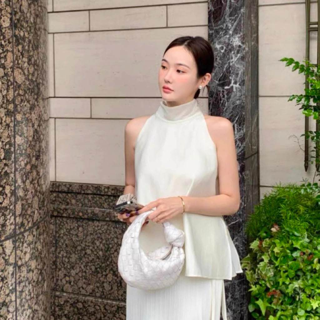 𝗥𝗼𝘀𝗲  A05 - | BEELY| Áo Linen Tưng vân gỗ cổ yếm thắt nơ