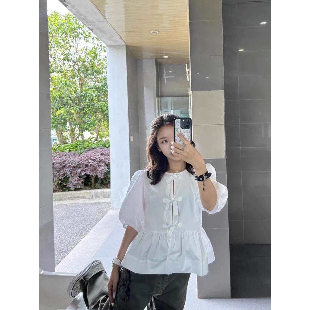 𝗣𝗼𝗺 - | BEELY| Áo Linen tay phồng thắt nơ babydoll