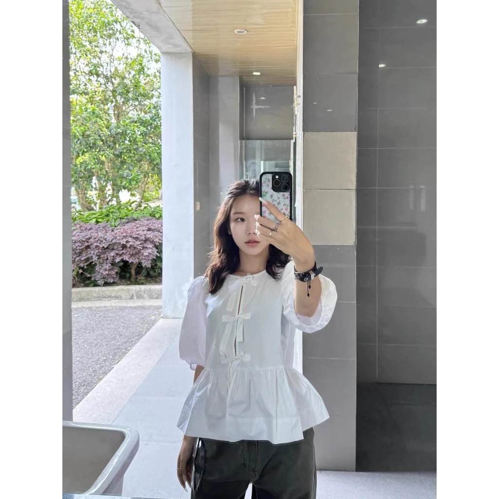 𝗣𝗼𝗺 - | BEELY| Áo Linen tay phồng thắt nơ babydoll