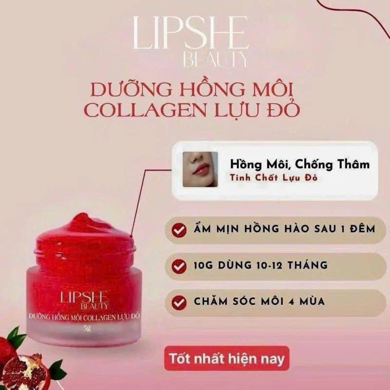 Dưỡng Môi Lipshe Lựu Đỏ Collagen, Dưỡng Môi Lipshe beauty Hủ 5g Chính hãng- Dưỡng môi hồng mềm mại