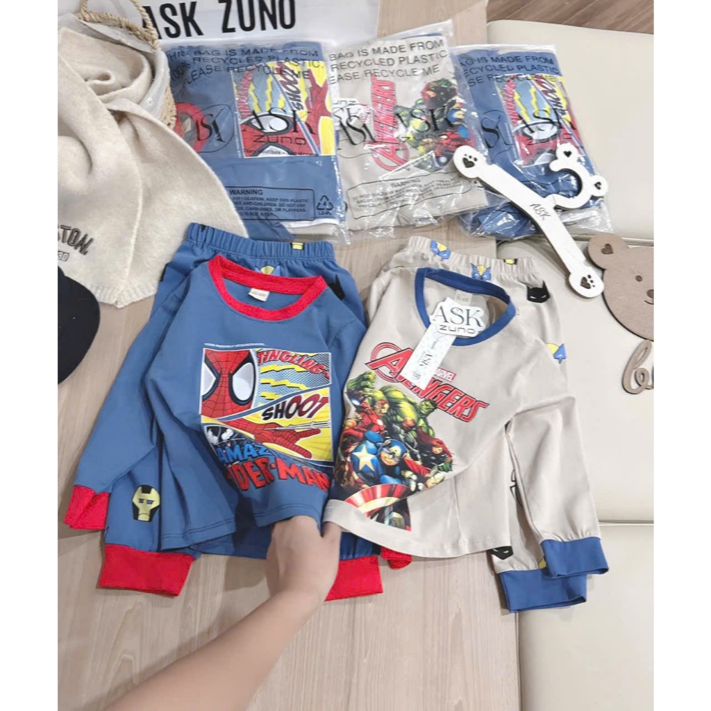 Bộ Dài Tay Thu Đông ( Họa Tiết Siêu Anh Hùng ) Dành Cho Bé Trai Từ 9-32kg  Chất Liệu Cotton Mềm