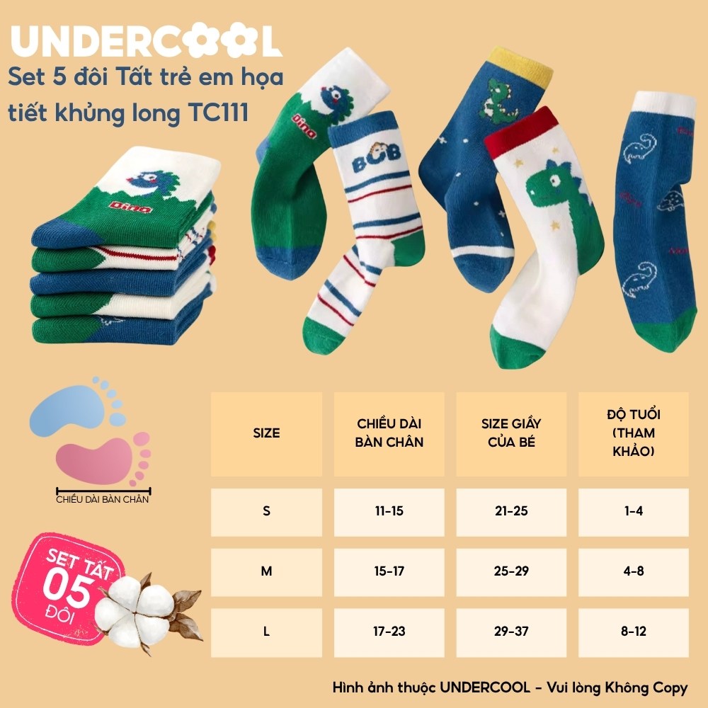 Set 5 Đôi Tất Trẻ Em - Bé Trai UNDERCOOL Cổ Lửng Cotton Họa Tiết Khủng Long Cho Bé Trai Gái 1-12 Tuổi TC111
