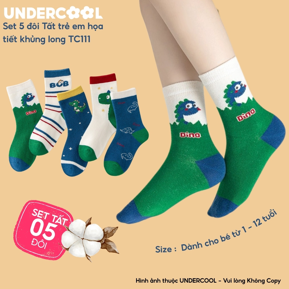 Set 5 Đôi Tất Trẻ Em - Bé Trai UNDERCOOL Cổ Lửng Cotton Họa Tiết Khủng Long Cho Bé Trai Gái 1-12 Tuổi TC111