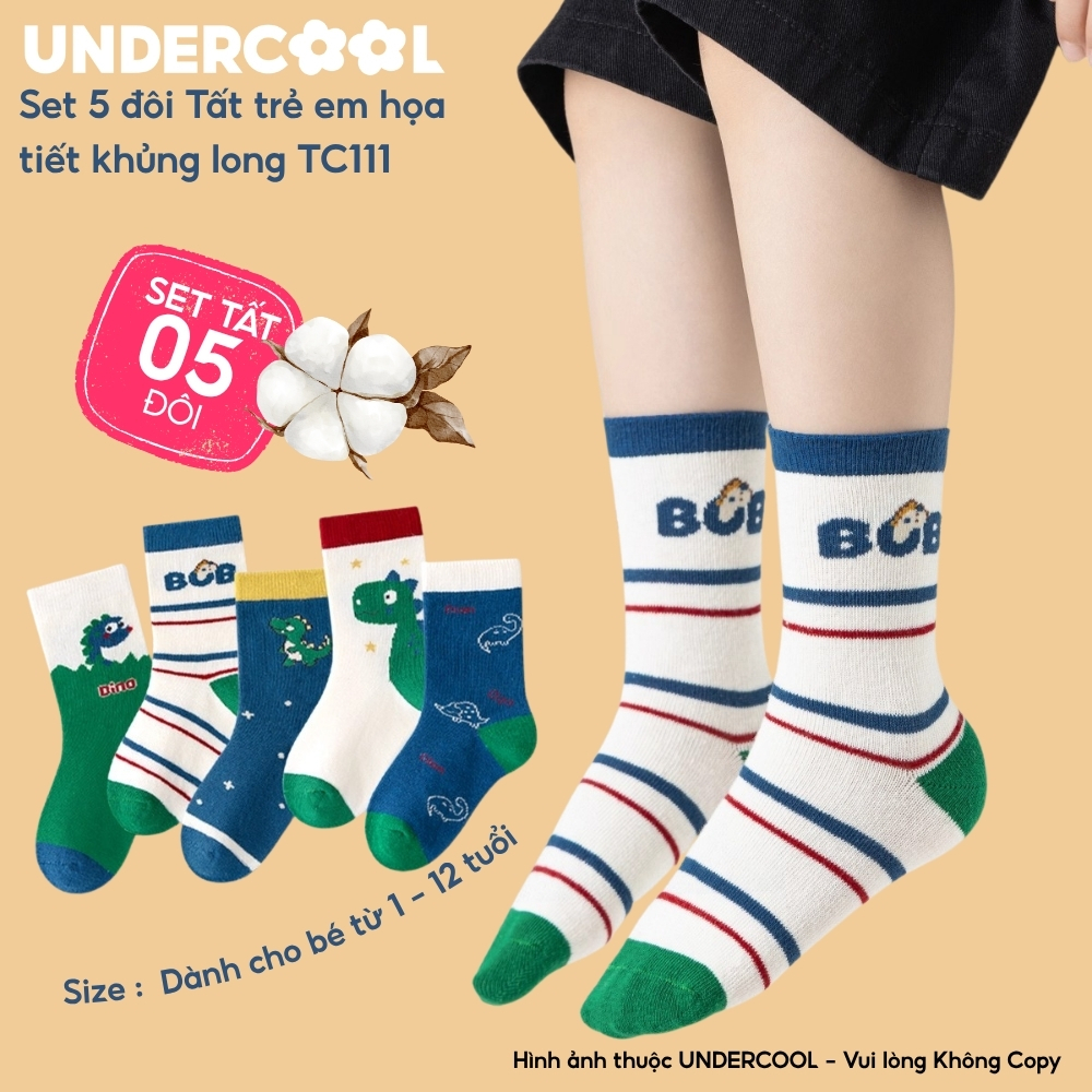 Set 5 Đôi Tất Trẻ Em - Bé Trai UNDERCOOL Cổ Lửng Cotton Họa Tiết Khủng Long Cho Bé Trai Gái 1-12 Tuổi TC111
